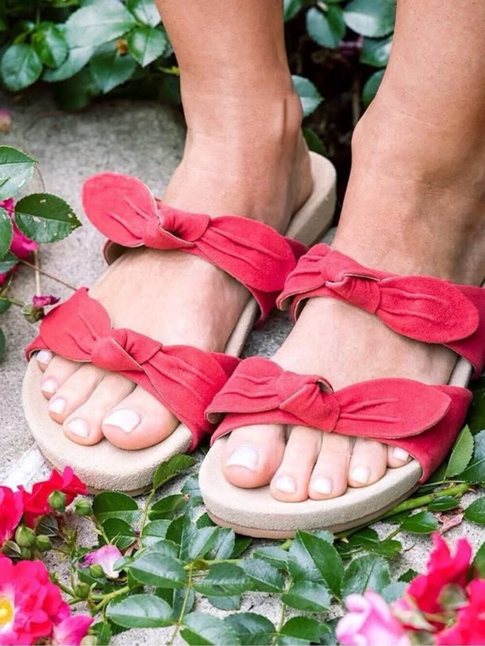 Jack Rogers Annie Double Bow Knot Comfort Slide Suede 1" Sandals Coral Red, 9M